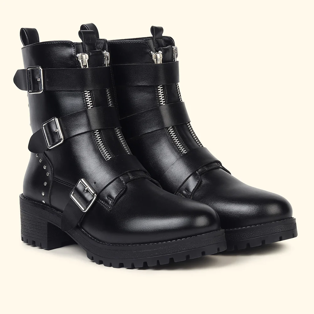 Slays Multi-Strap & Studs Combat Mid Calf boots for Women - Image 3