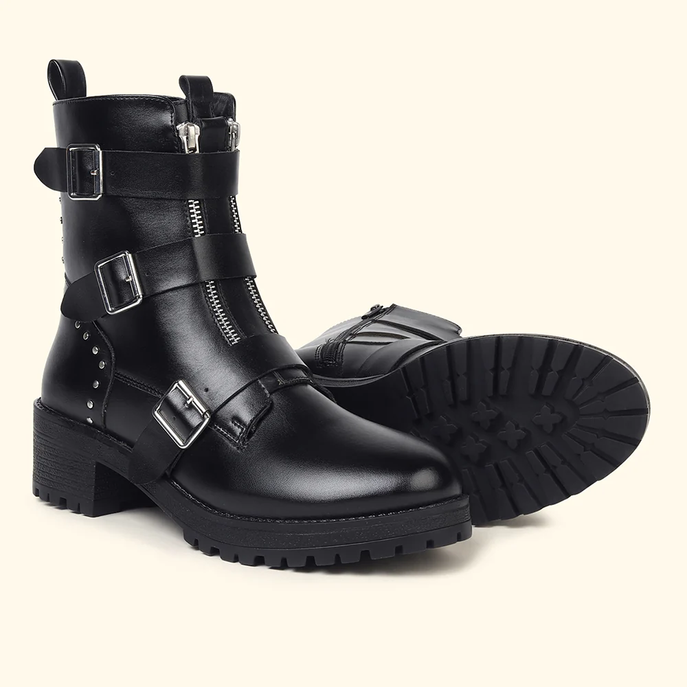 Slays Multi-Strap & Studs Combat Mid Calf boots for Women - Image 6